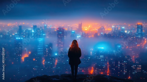 Futuristic elements style a cityscape in blue light at night.