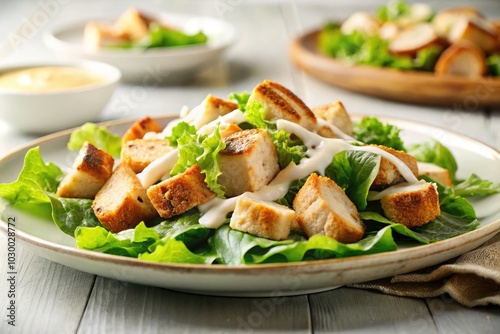 Enjoy a vibrant Caesar salad with grilled chicken, crisp romaine, homemade croutons, and a rich dressing, elegantly showcasing fresh ingredients in every bite.