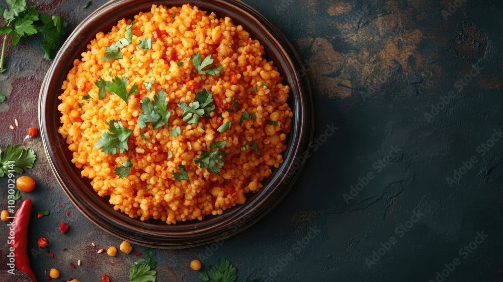 A plate of red bulgur with parsley. This image can be used for food blogs or articles on Middle Eastern cuisine. A plate of red bulgur with parsley. This image can be used for food blogs or articles on Middle Eastern cuisine.