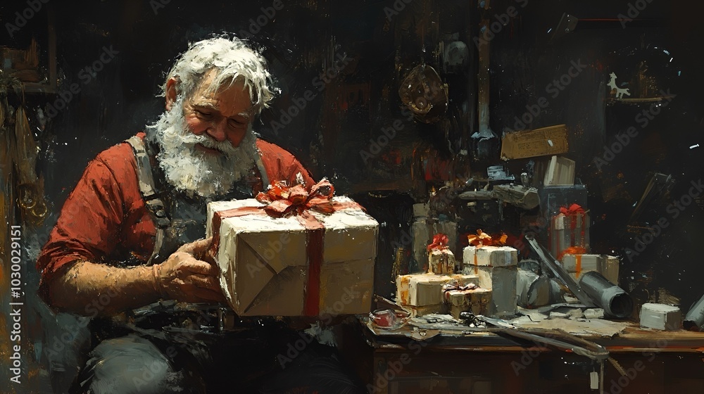 A cheerful figure with a gray beard sits in a workshop, holding a beautifully wrapped gift, surrounded by festive decorations and tools. A cheerful figure with a gray beard sits in a workshop, holding a beautifully wrapped gift, surrounded by festive decorations and tools.