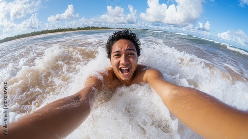 Young man joyfully rides the waves at a sunny beach, capturing a thrilling selfie moment, AI