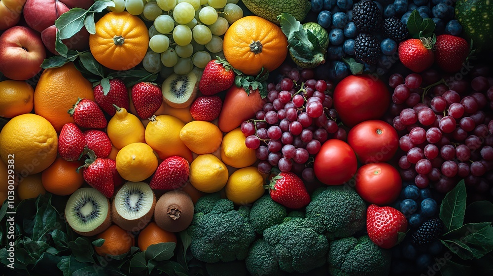 A bottom view of fruits and vegetables arranged vividly. A bottom view of fruits and vegetables arranged vividly.