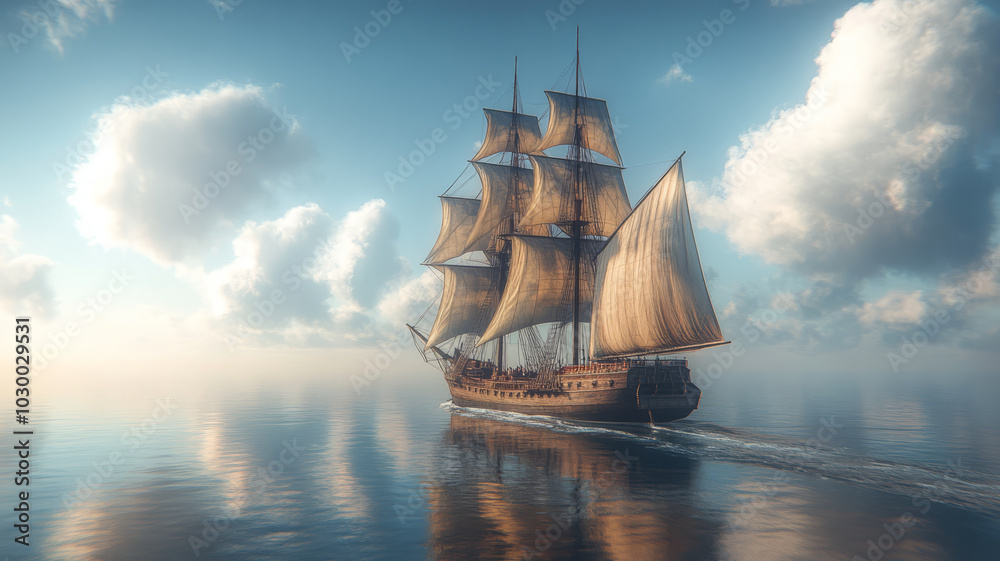 Obraz premium a 19th century British ship, sailing across the sea