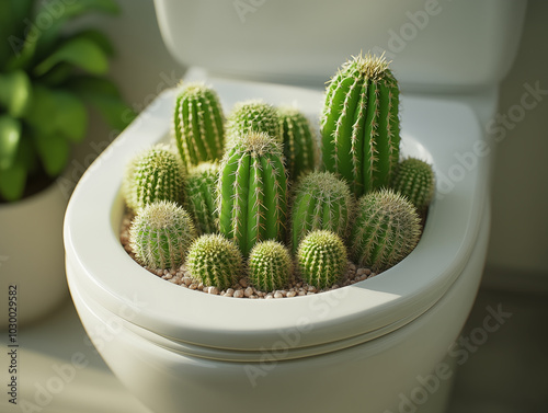 Closeup of toilet bowl with cactus, hemorrhoids concept. Generative AI photo