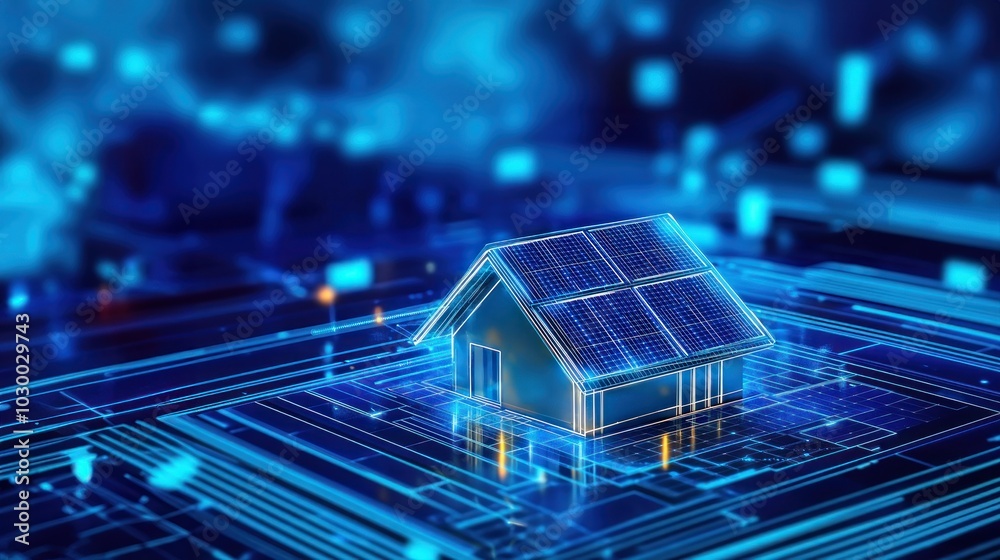 House with solar panels surrounded by glowing digital lines and tech elements, solar rooftop, tech enabled house