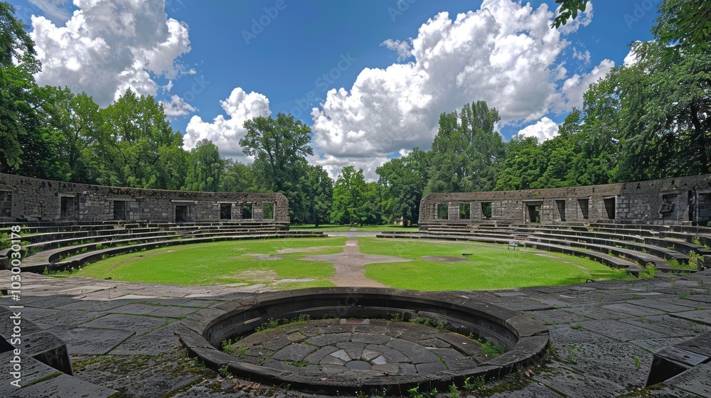 Stone Amphitheater Ruins with Green Grass and Trees Stone Amphitheater Ruins with Green Grass and Trees
