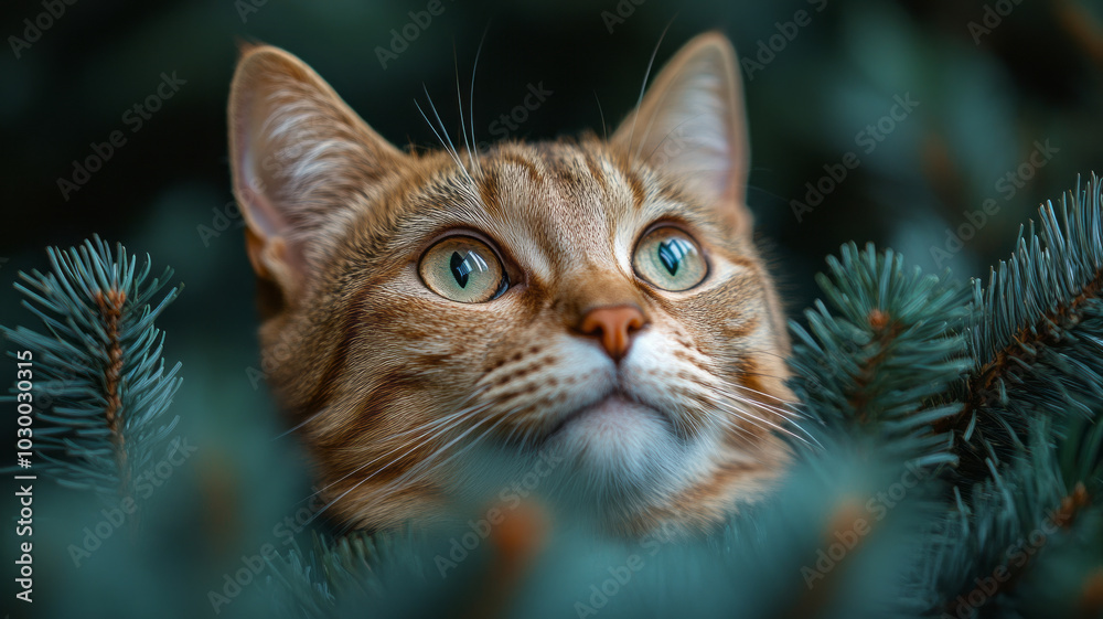 Fototapeta premium 2025 made from cat fur for animal themes, minimalist fir branches and minimalist Christmas tree decorations, beauty, minimalist green background