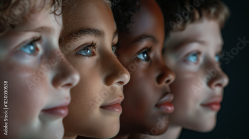 Diverse Children's Faces Smiling Directly at Camera, AI-Driven Online School Emotional Intelligence Banner, Dark Cinematic Background