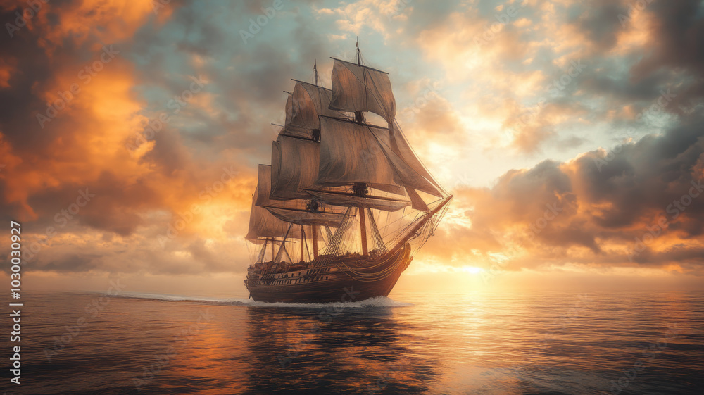 Obraz premium a 19th century British ship, sailing across the sea