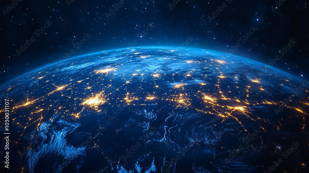 Obraz premium Abstract digital blue planet Earth with glowing connections and global network concept on a dark background, a technology wallpaper. Big data world map.