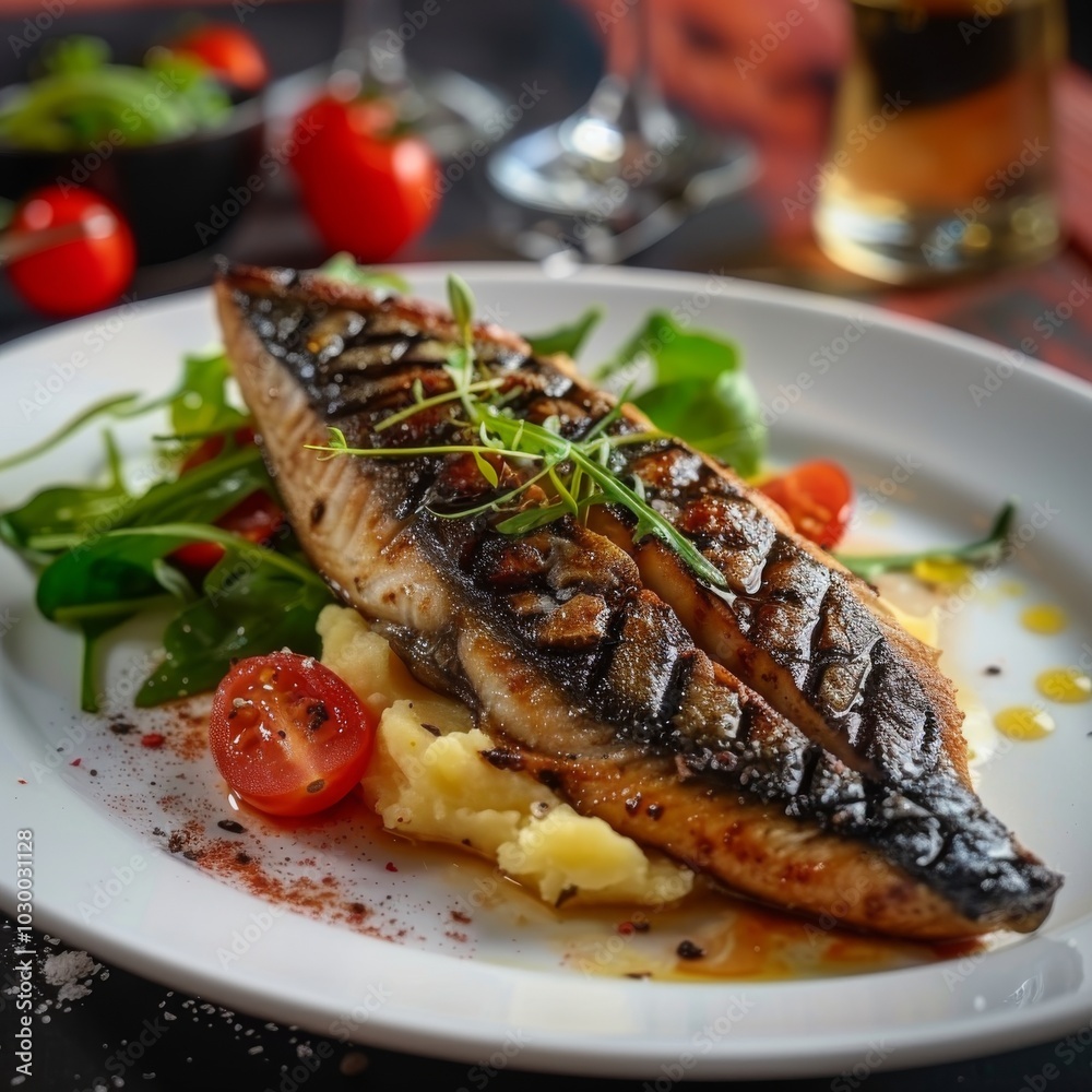 Grilled Mackerel with Mashed Potatoes and Tomatoes, Fried Scomber Fillet Grilled Mackerel with Mashed Potatoes and Tomatoes, Fried Scomber Fillet