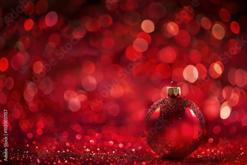 Red abstract Christmas background with snowflakes, bokeh, and glowing light