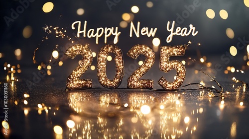 happy new year card 2025, glitter and fireworks