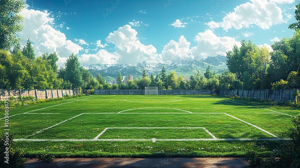 Obraz premium A clean, bold soccer field view is presented in cartoon style.