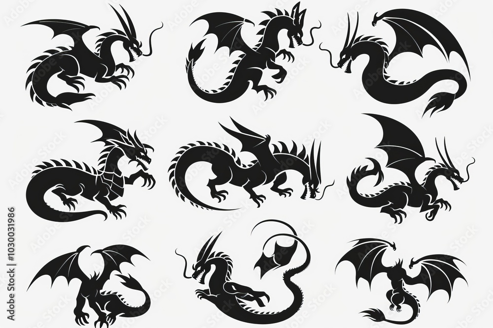 Fototapeta premium Dragons icon silhouette, dino, wyvern symbols, dinosaurs isolated, mythical monster, minimal flat tattoo