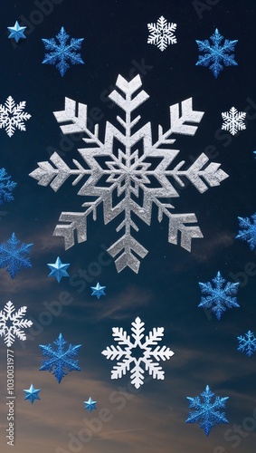 Silver snowflakes and blue stars on dark sky background for invitation or card screensaver