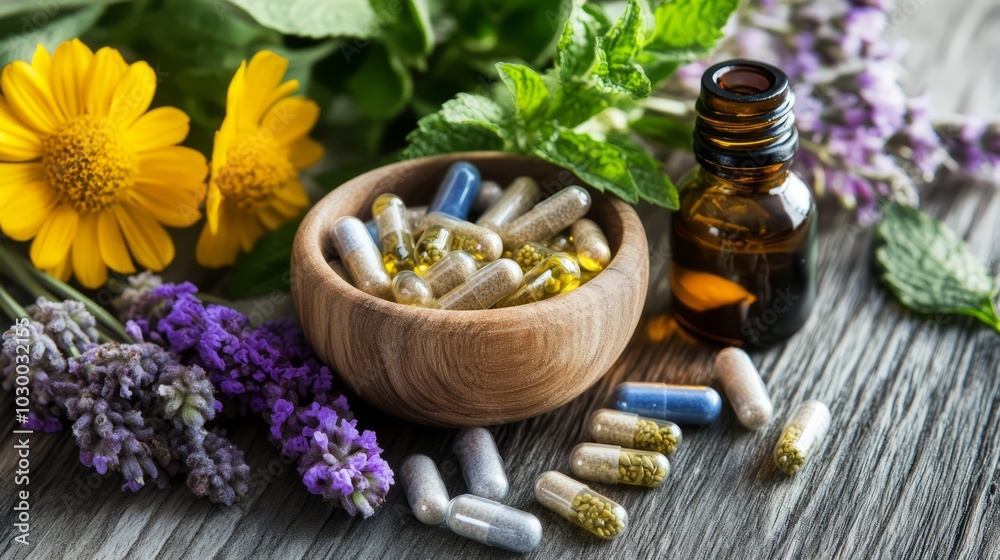 Herbal Supplements & Natural Remedies: A bowl of colorful herbal capsules alongside a bottle of essential oil, nestled amidst vibrant flowers and leaves. Herbal Supplements & Natural Remedies: A bowl of colorful herbal capsules alongside a bottle of essential oil, nestled amidst vibrant flowers and leaves.