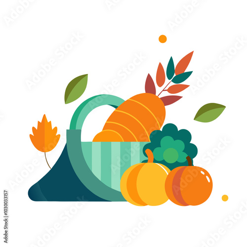 Autumn Harvest Basket: A vibrant illustration of a basket overflowing with fresh autumn produce, including pumpkins, carrots, and greens, set against a clean white background.