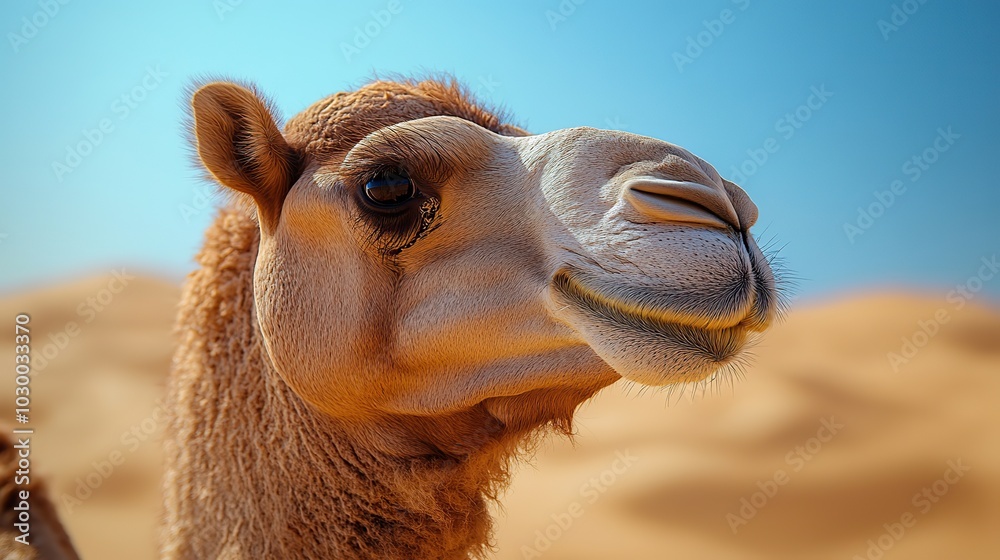 Obraz premium A camel head is closely observed in the desert on a sunny day.