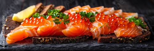 Fish Platter with Light-Salted Salmon, Smoked Salmon, Red Caviar and Black Bread Toast photo