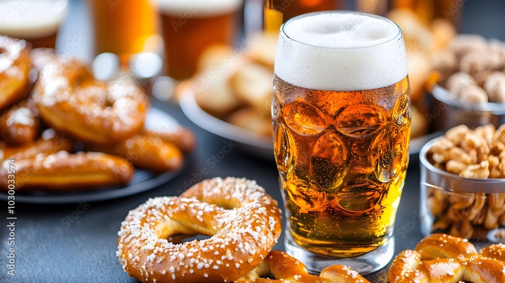 Lively Oktoberfest Scene with Pretzels Beer Steins and People Wearing Festive Bavarian Costumes and Hats Lively Oktoberfest Scene with Pretzels Beer Steins and People Wearing Festive Bavarian Costumes and Hats