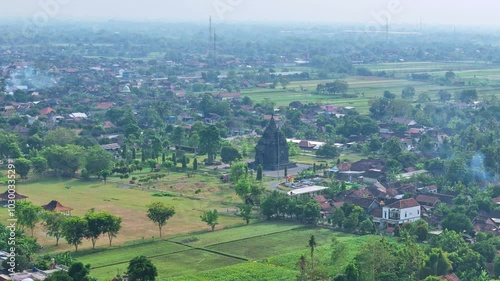 Aerial view of SOJIWAN Temple in the middle of rural landscape. Hindu cultural heritage temple. 4K drone footage of historical ancient building. photo