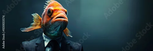 Obraz  z motywem Fish in a Business Suit, Animal Businessman, Funny Sea Boss, Fish Headed Man in a Business Suit