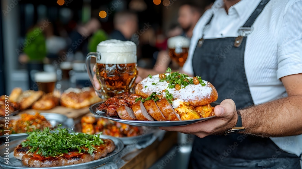 Experience the traditional Bavarian festival atmosphere at a brewery tour with people in Bavarian costumes sampling German beer and enjoying sausage platters Experience the traditional Bavarian festival atmosphere at a brewery tour with people in Bavarian costumes sampling German beer and enjoying sausage platters