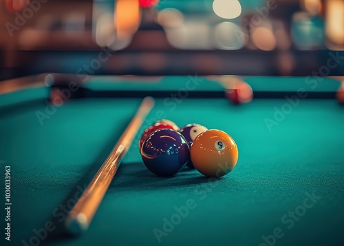 Billiard table with cue and balls photo