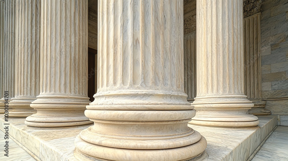 Marble pillars of a court building are shown close-up with copy space on the right. Marble pillars of a court building are shown close-up with copy space on the right.