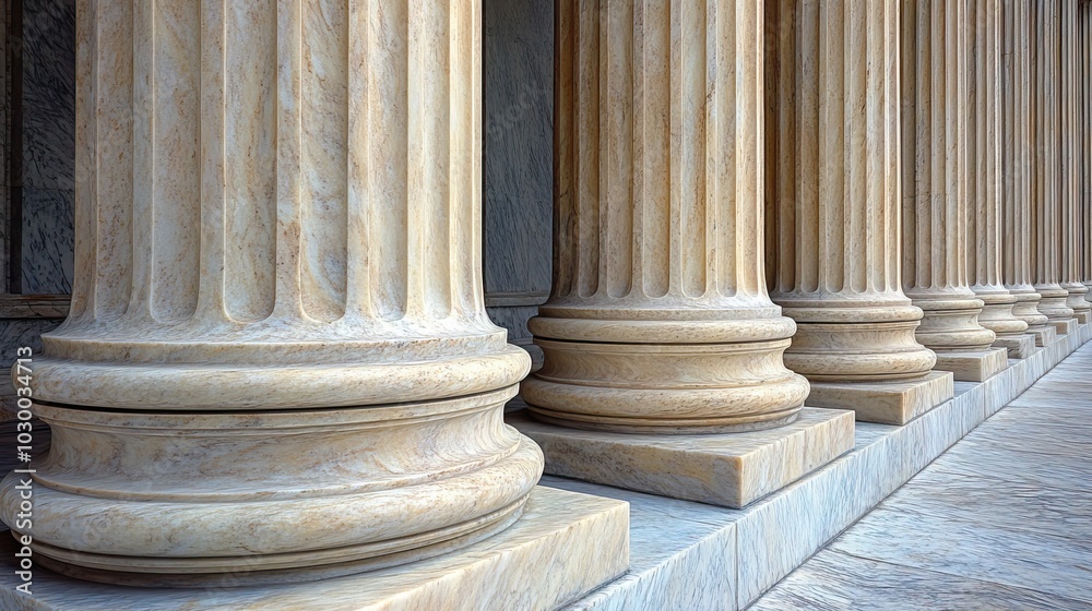 Marble pillars of a court building are shown close-up with copy space on the right. Marble pillars of a court building are shown close-up with copy space on the right.