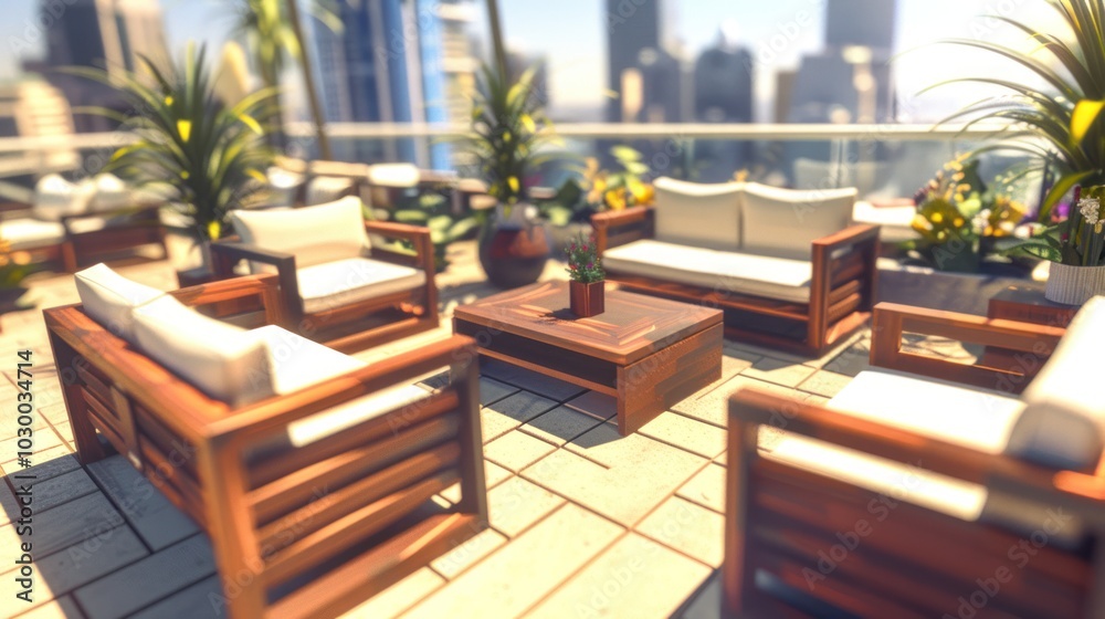 Fototapeta premium City Rooftop Patio with Wooden Furniture and Greenery