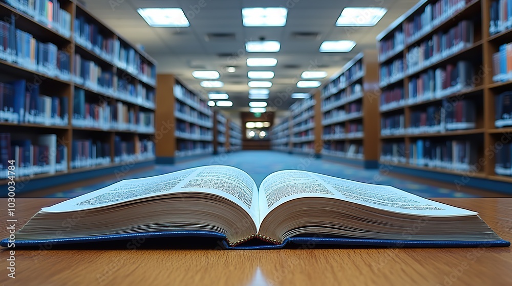 A close-up of an open book in a high school library room shows a blurred background.