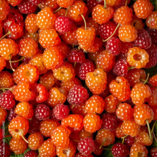 Salmonberry texture background, Rubus spectabilis fruits pattern, many salmonberries mockup, bramble berries photo