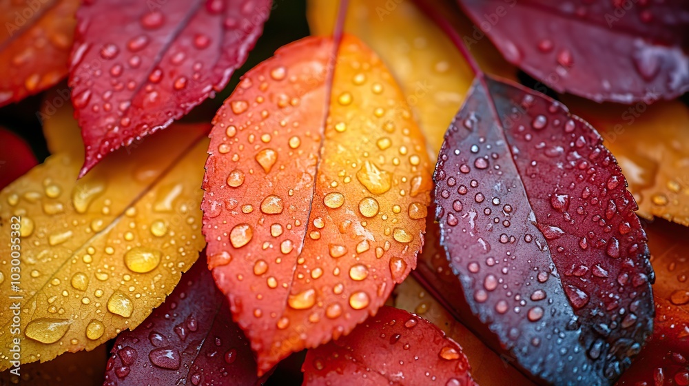 Close-up raindrops on colorful leaves provide a natural view. Close-up raindrops on colorful leaves provide a natural view.