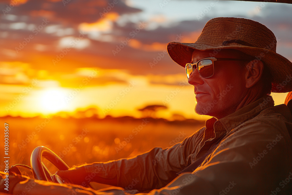 tourist with big head and hat is driving safari cart in south africa looking through the camera on the lion, sunset tourist with big head and hat is driving safari cart in south africa looking through the camera on the lion, sunset