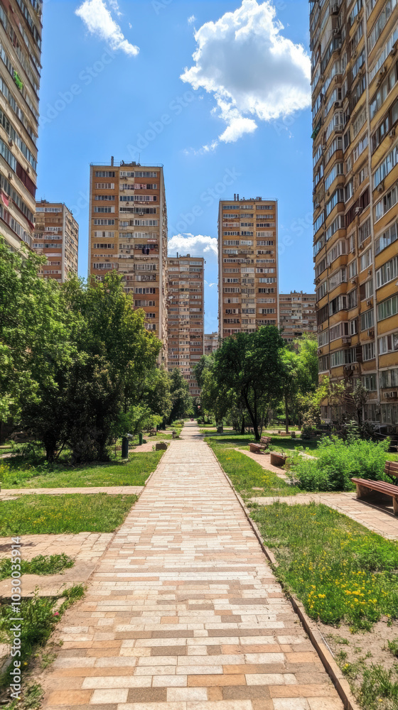 Eastern European apartment blocks. AI generative. Eastern European apartment blocks. AI generative.