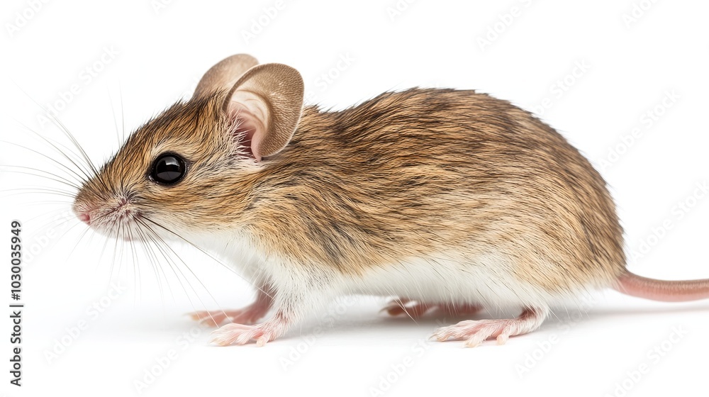 Side-profile view of a light brown Cairo spiny mouse (acomys cahirinus) isolated on a white background. The mouse is standing sideways and looking straight ahead. Side-profile view of a light brown Cairo spiny mouse (acomys cahirinus) isolated on a white background. The mouse is standing sideways and looking straight ahead.