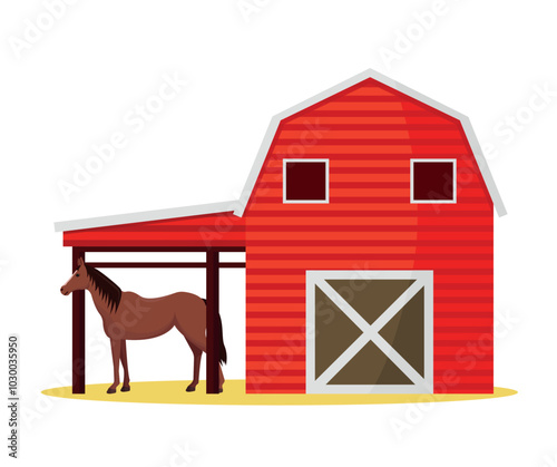 Farm barn with horse. Stable. Vector illustration on white background.