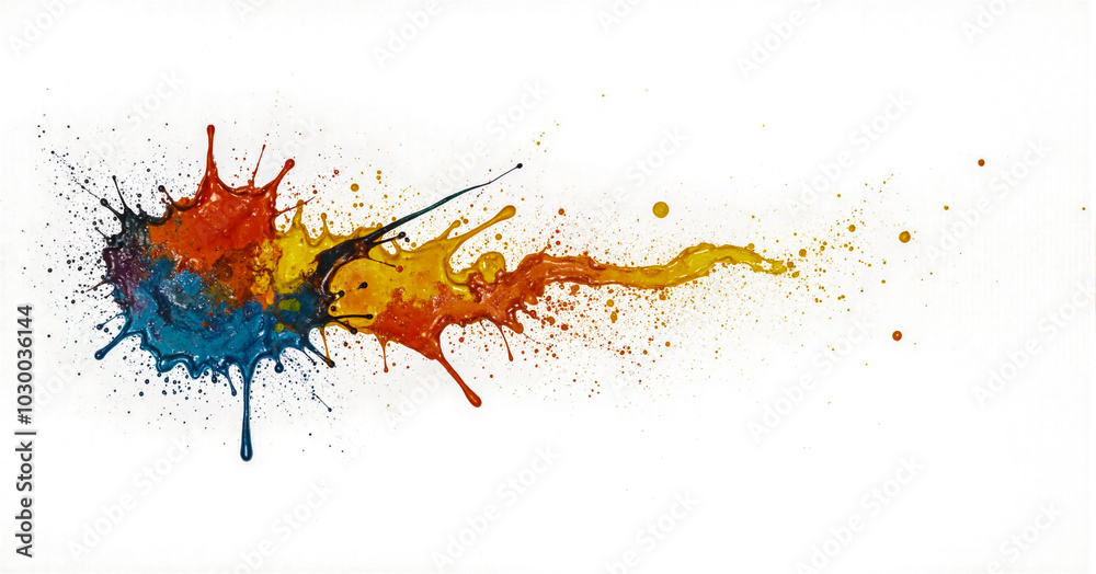 A dynamic splash of vivid paint splatters in vibrant hues of blue, orange, red, and yellow on a white background, creating an energetic and expressive abstract composition A dynamic splash of vivid paint splatters in vibrant hues of blue, orange, red, and yellow on a white background, creating an energetic and expressive abstract composition