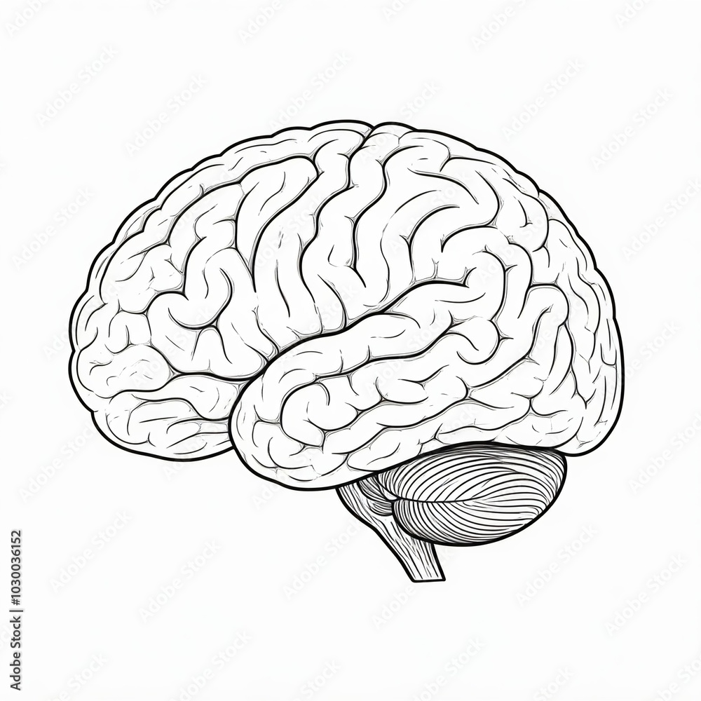Black line drawing of the human brain, on a white background.