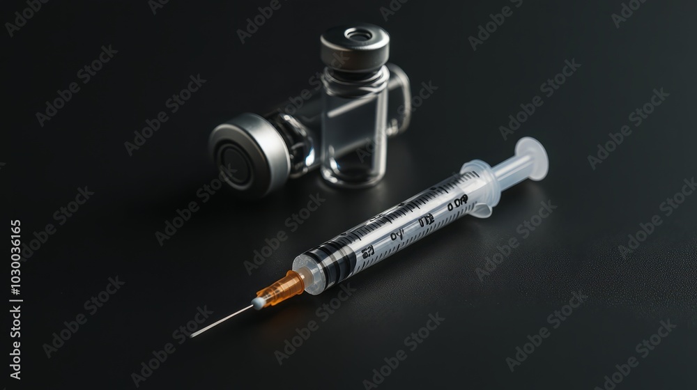 Vaccine Vial and Syringe: A close-up shot of a clear glass vial and a syringe, both sterile and ready for medical use, against a dramatic black background. The image conveys a sense of hope. Vaccine Vial and Syringe: A close-up shot of a clear glass vial and a syringe, both sterile and ready for medical use, against a dramatic black background. The image conveys a sense of hope.