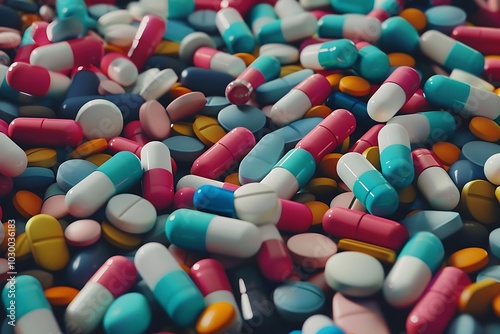 Pile of multicolored pills, tablets or capsules as medical background