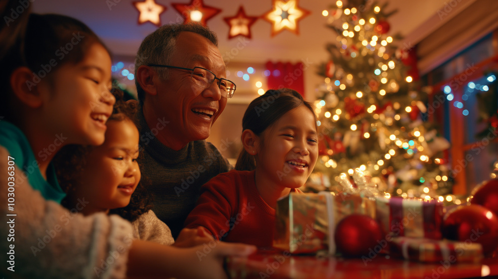 Asian family enjoying Christmas together by tree.