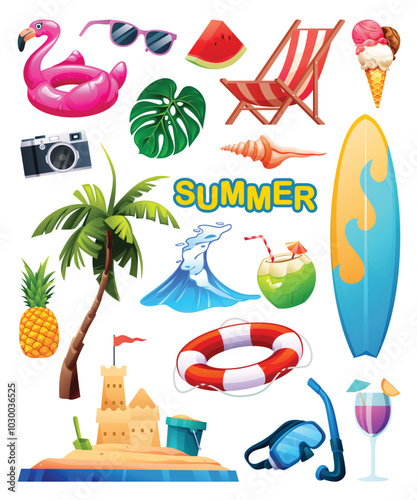 Summer beach elements like palm tree, hat, surfboard, and camera. Vector cartoon illustration