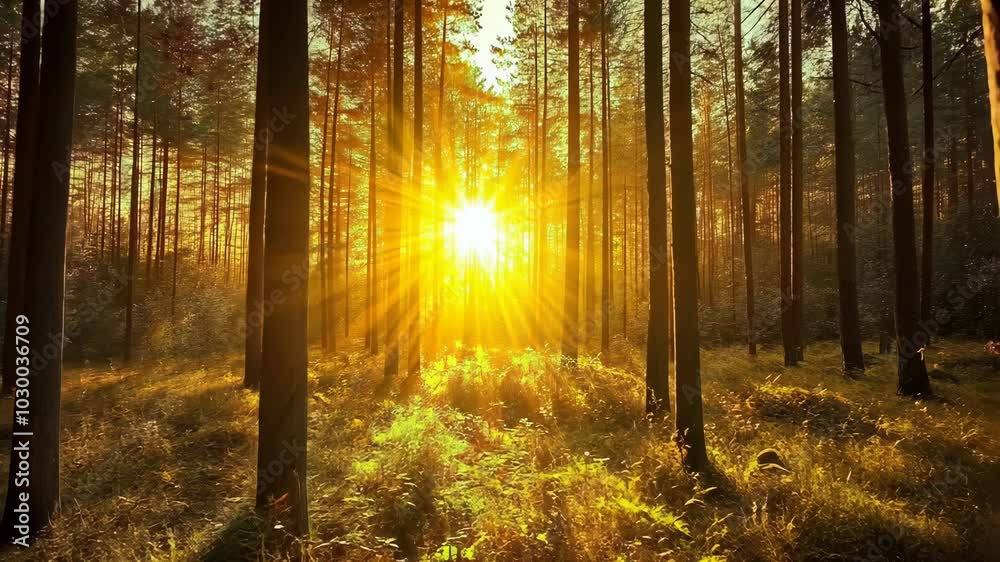Sunlight streams through the trees in a dense forest, creating a golden glow on the forest floor Sunlight streams through the trees in a dense forest, creating a golden glow on the forest floor