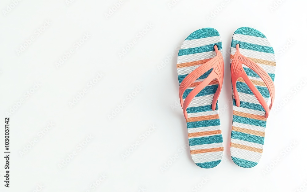 A stylish pair of beach flip-flops, presented in a top-down view against a white background, capturing the essence of sunny days and relaxation A stylish pair of beach flip-flops, presented in a top-down view against a white background, capturing the essence of sunny days and relaxation