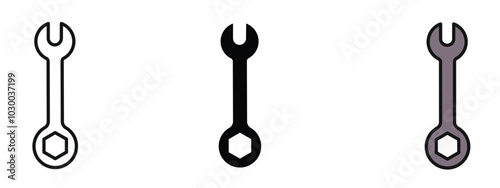 Wrench icon in outline, silhouette and editable colors in unexpandable vector form, set of three editable wrench icons