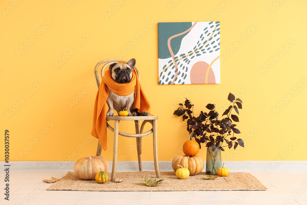 © Pixel-Shot - Cute French bulldog in scarf with fresh pumpkins sitting on chair near yellow wall. Thanksgiving Day celebration