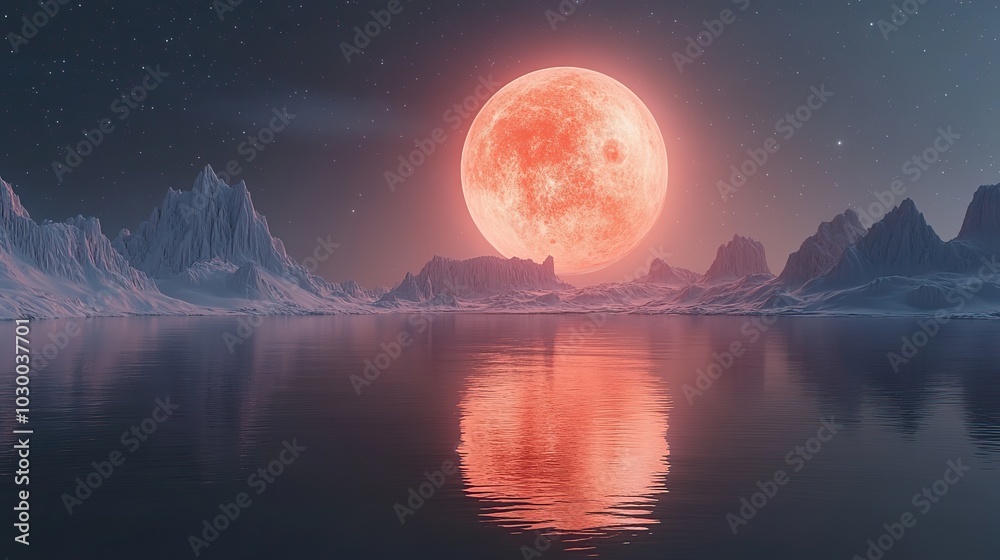 Mars with mountains and water at sunset features a starry sky landscape in close-up. Mars with mountains and water at sunset features a starry sky landscape in close-up.